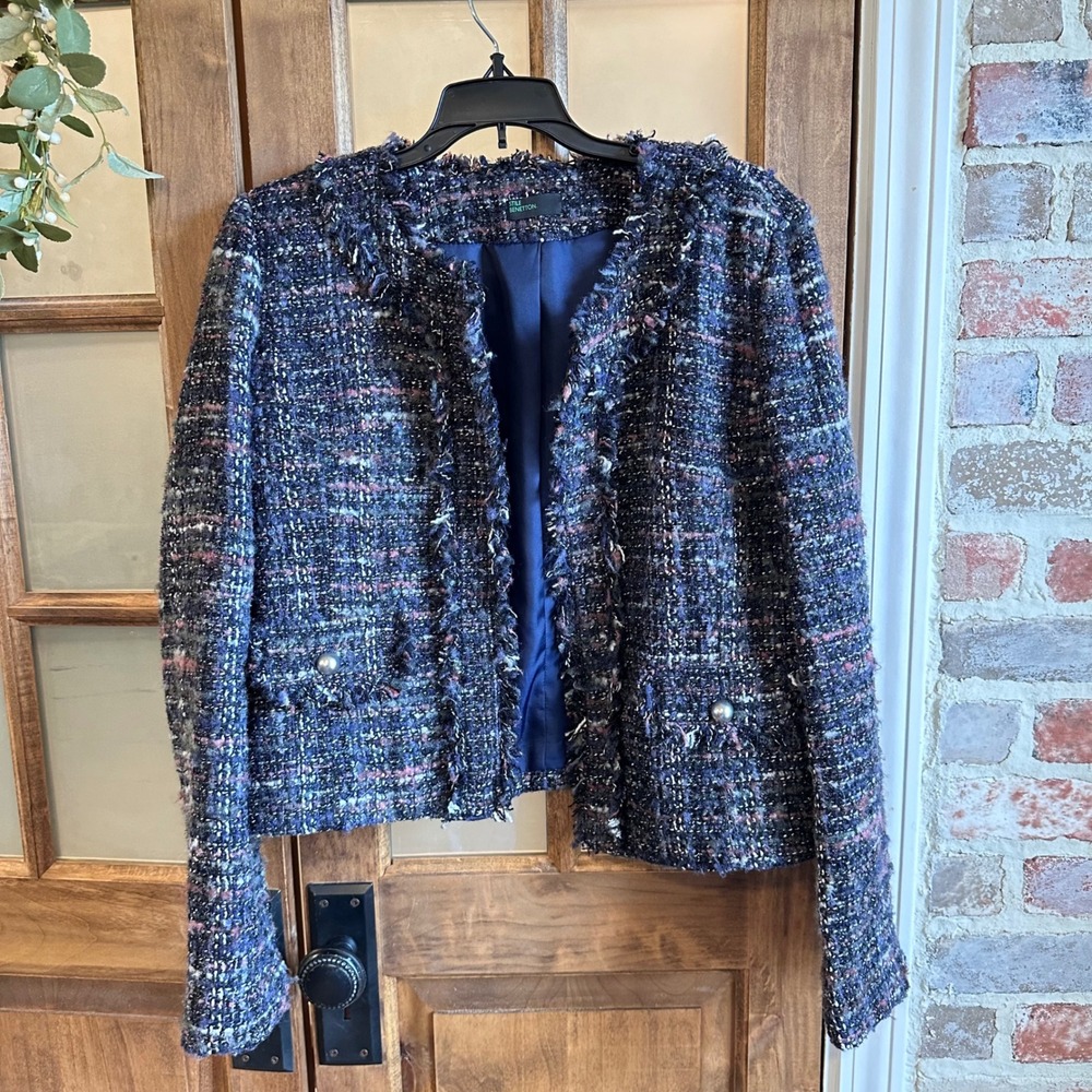 Stile‎ Benetton Tweed Jacket Women 8 Navy Blue Multicolor Boucle Fringe Blazer